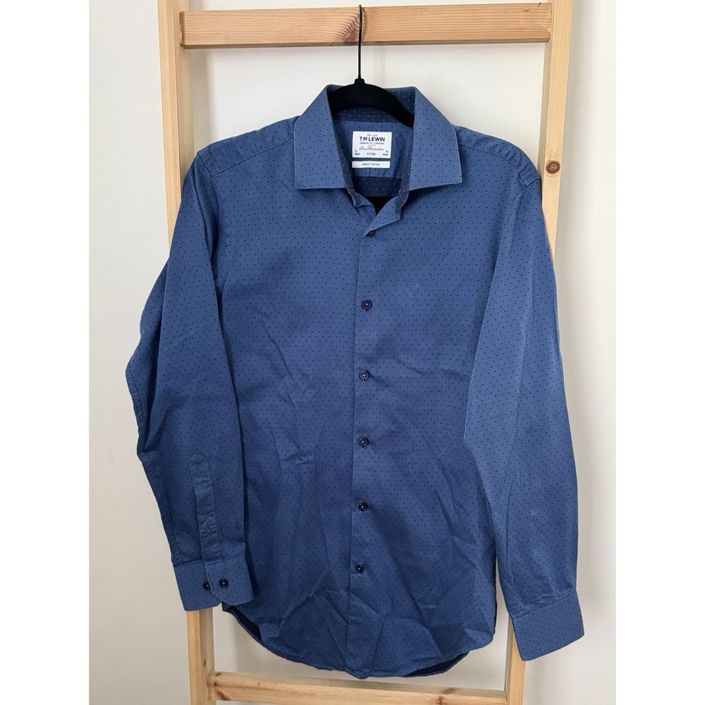 TM Lewin Shirt Mens Large Blue Dots Preppy Button Front Cotton Fitted 15 33